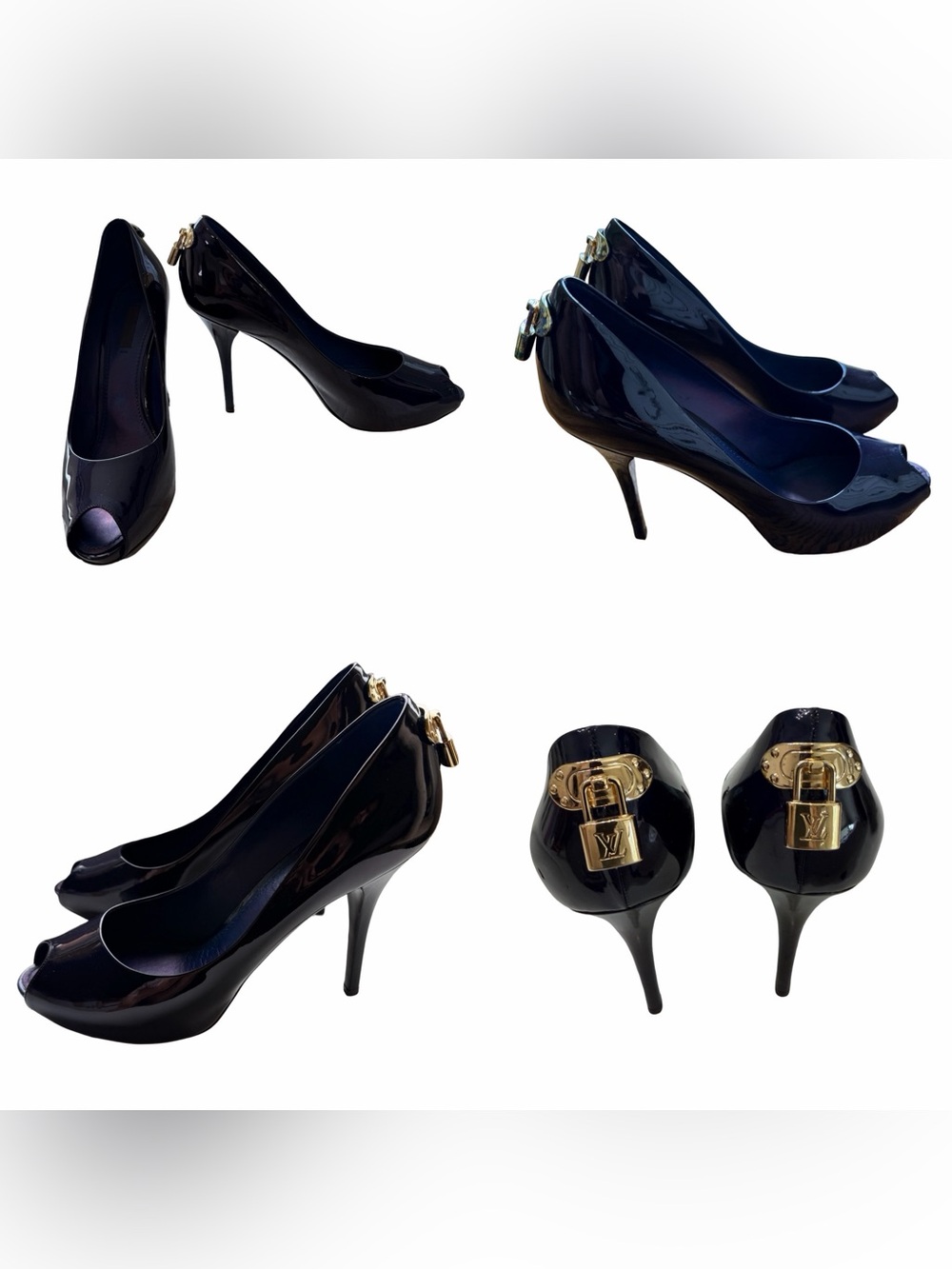 Louis Vuitton Navy Patent Peep-Toe Heels